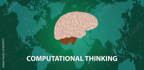 computational thinking concept with human head brain on top of world map with cyberspace world map background - vector