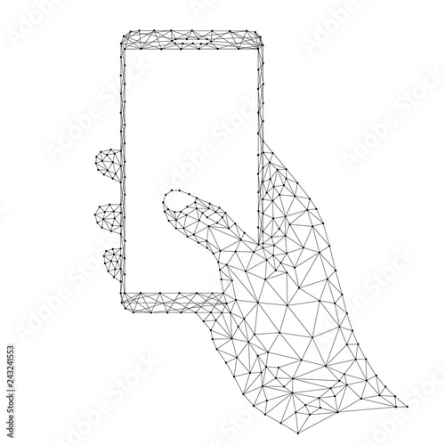 Smartphone in a human hand, mobile phone communication tool, device data transmission from abstract futuristic polygonal black lines and dots. Vector illustration.