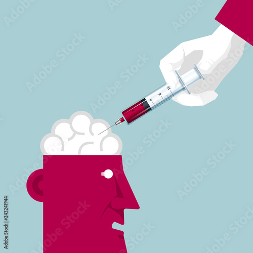 Medical concept design, hand holding syringe to inject drugs into the brain.