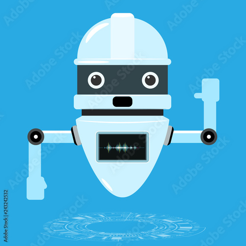 Chat bot icon with speech sound wave screen. Talking Virtual assistant. Flat color vector illustration.