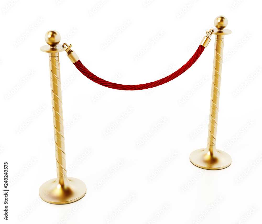 Velvet rope and golden barriers isolated on white background. 3D illustration Velvet rope and golden barriers isolated on white background. 3D illustration