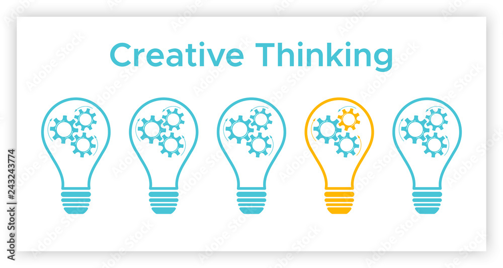 Cogwheel lightbulb creative thinking concept vector illustration. Creative people graphic idea with gear and light bulb. Blue lamp silhouette with orange lamp innovation think concept.