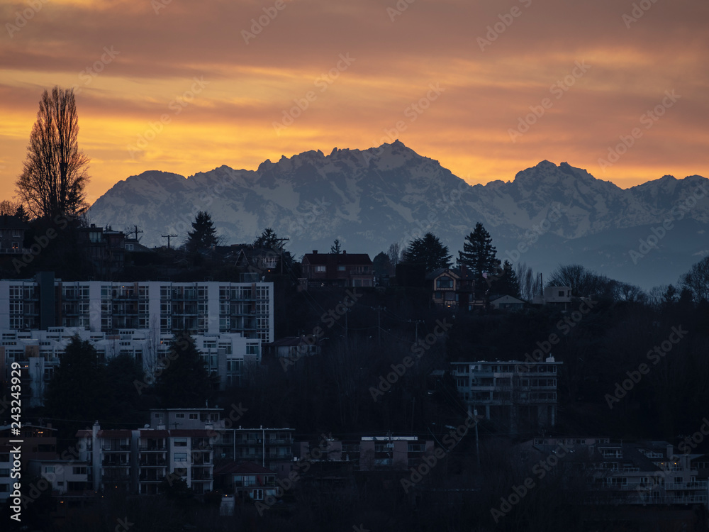 Sunset on Seattle Residential Houses with Olympic Mountains