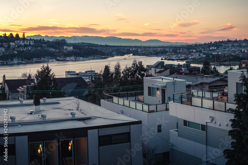 Apartment Building Rooftop View of Sunset on Lake Union Seattle