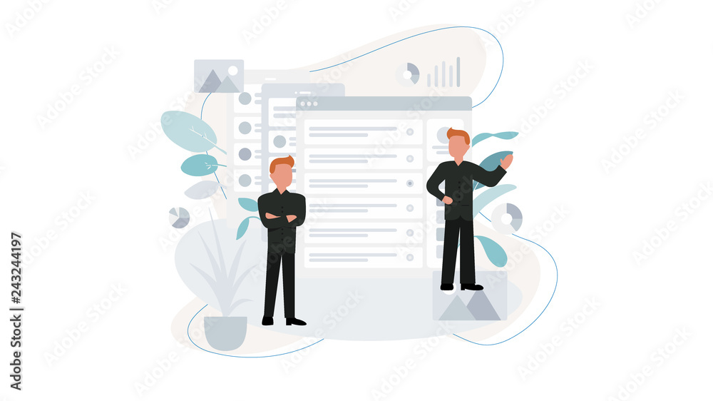 Sets of male office workers talk to each other. Business people or clerks communicate with colleagues, negotiate, make presentations. Flat flat cartoon vector illustration - Vector Sets of male office workers talk to each other. Business people or clerks communicate with colleagues, negotiate, make presentations. Flat flat cartoon vector illustration - Vector