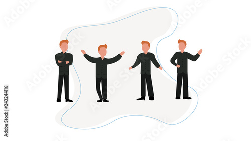 Sets of male office workers talk to each other. Business people or clerks communicate with colleagues, negotiate, make presentations. Flat flat cartoon vector illustration - Vector