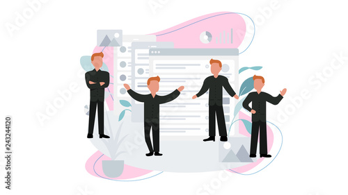 Sets of male office workers talk to each other. Business people or clerks communicate with colleagues, negotiate, make presentations. Flat flat cartoon vector illustration - Vector