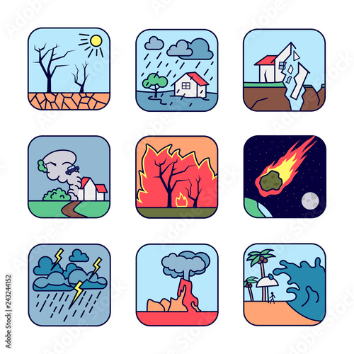 Natural cataclysm icons set. Drought, flood, earthquake, tornado whirlwind, forest fire, fiery meteorite, storm, volcanic eruption, tsunami wave.