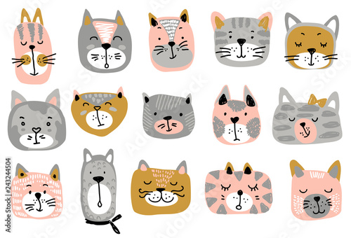 Vector collection of colorful cat faces. Funny illustration for children