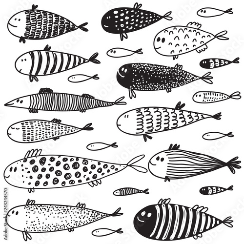 Collection of hand drawn cute fish in sketch style