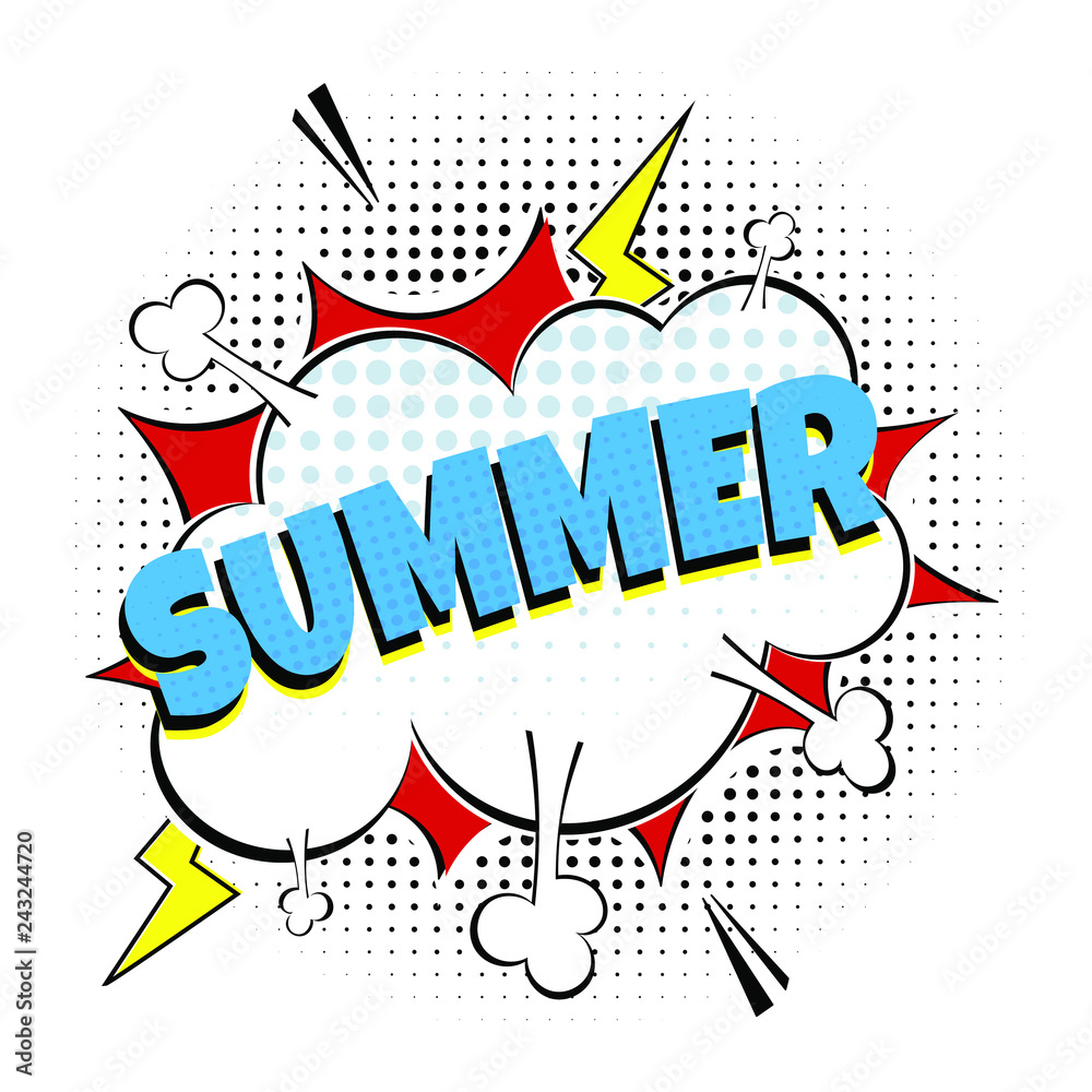 Comic Lettering Summer In The Speech Bubbles Comic Style Flat Design. Dynamic Pop Art Vector Illustration Isolated On White Background. Exclamation Concept Of Comic Book Style Pop Art Voice Phrase.