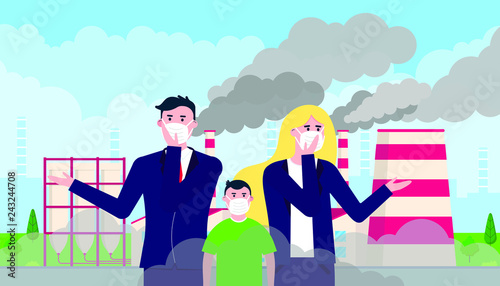 Confused man, woman, kid masks against smog. Fine dust, air pollution, industrial smog protection concept flat style design vector illustration. Industrial plant pipes with huge clouds of smoke behind