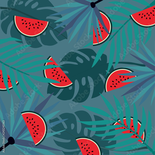 Tropical pattern with stylized leaves and watermelon