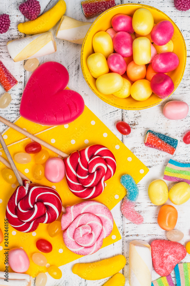 Candies, lollipops, jelly worms Candies, lollipops, jelly worms