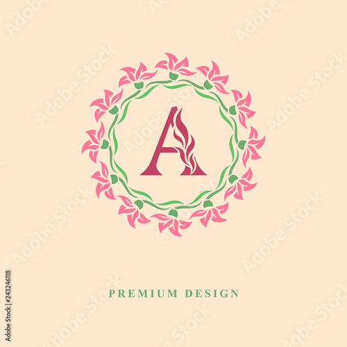 Color Wreath of flowers. Monogram design graceful template. Calligraphic elegant line art logo design. Capital Letter emblem sign A for Royalty, business card, Boutique, Jewelry. Vector illustration