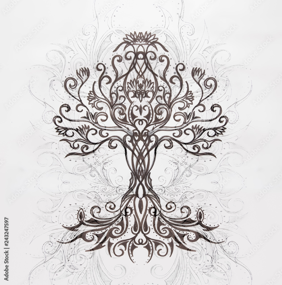 Naklejka premium tree of life symbol on structured ornamental background, yggdrasil.
