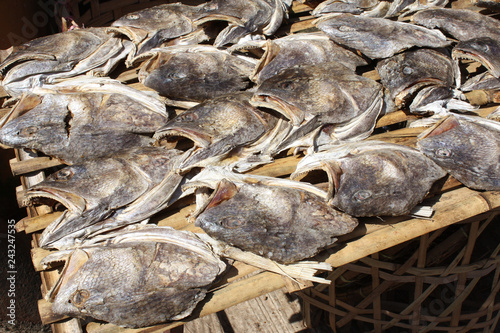 Dried fish heads on morning market in Yangon, Myanmar