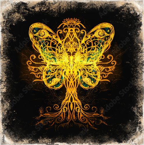 tree of life symbol and butterfly on structured ornamental background, yggdrasil. photo