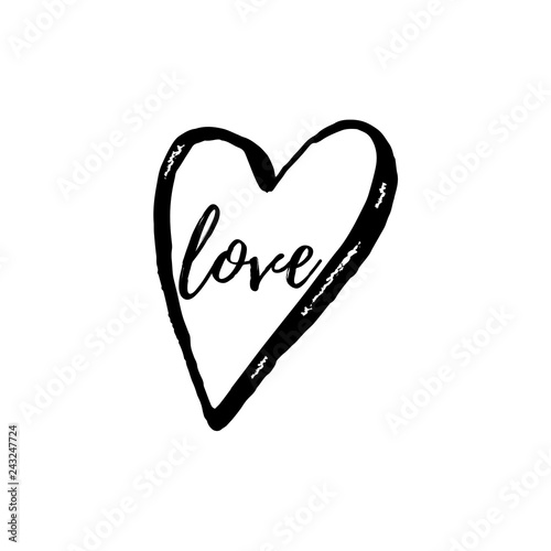 Hand drawn ink heart with text "love". Valentines Day or wedding concept. Isolated on white background. Vector 10 EPS illustration.