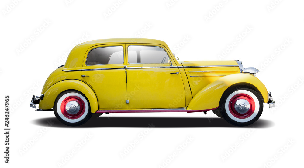 Yellow classic German car side view isolated on white