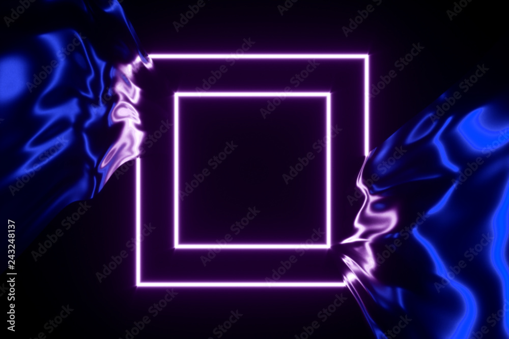 Shiny flowing fabric in neon lighting rectangle frame 3D illustration Shiny flowing fabric in neon lighting rectangle frame 3D illustration