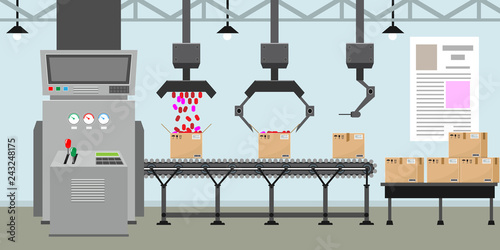 Empty Conveyor belt system with robot hands for mass production. Factory inside or interior with flat color style. Vector illustration.