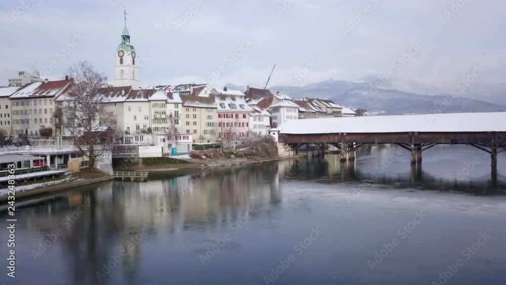 Swiss City Olten Winter wooden bridge railway station Swiss City Olten Winter wooden bridge railway station