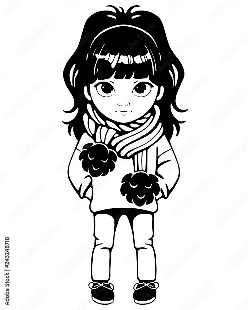 Hand drawing of a little cartoon girl in fashionable clothes. Girl in a  sweater and scarf with balls. Autumn fashion. Icon stylized character.  Illustration of a child. Black and white illustration. Stock