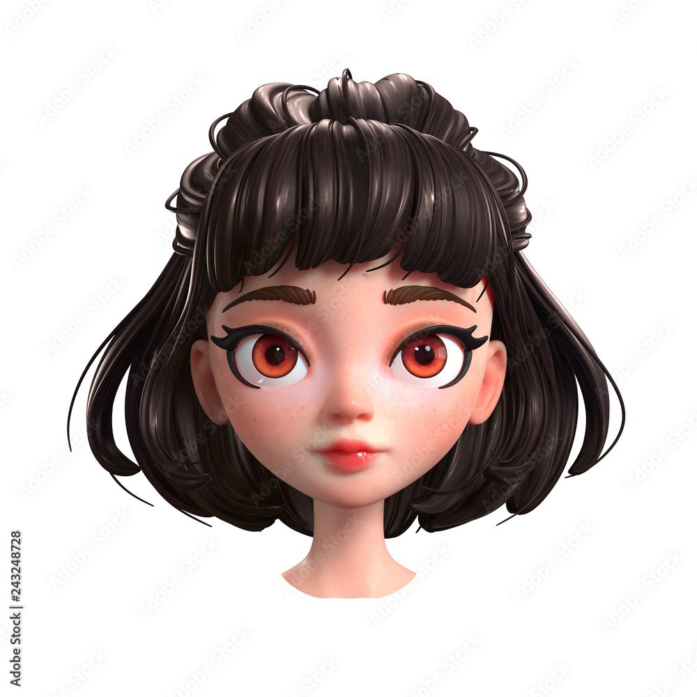 3d cartoon character of a brunette girl with big brown eyes. Beautiful  romantic girl. Young woman with short brown hair. Portrait of cute cartoon  girl. 3D rendering on white background. Stock Illustration |