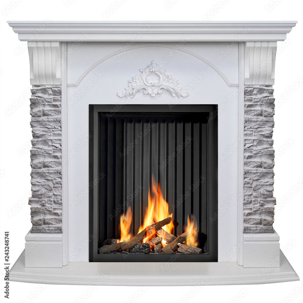 Stone burning fireplace isolated on white background Stone burning fireplace isolated on white background