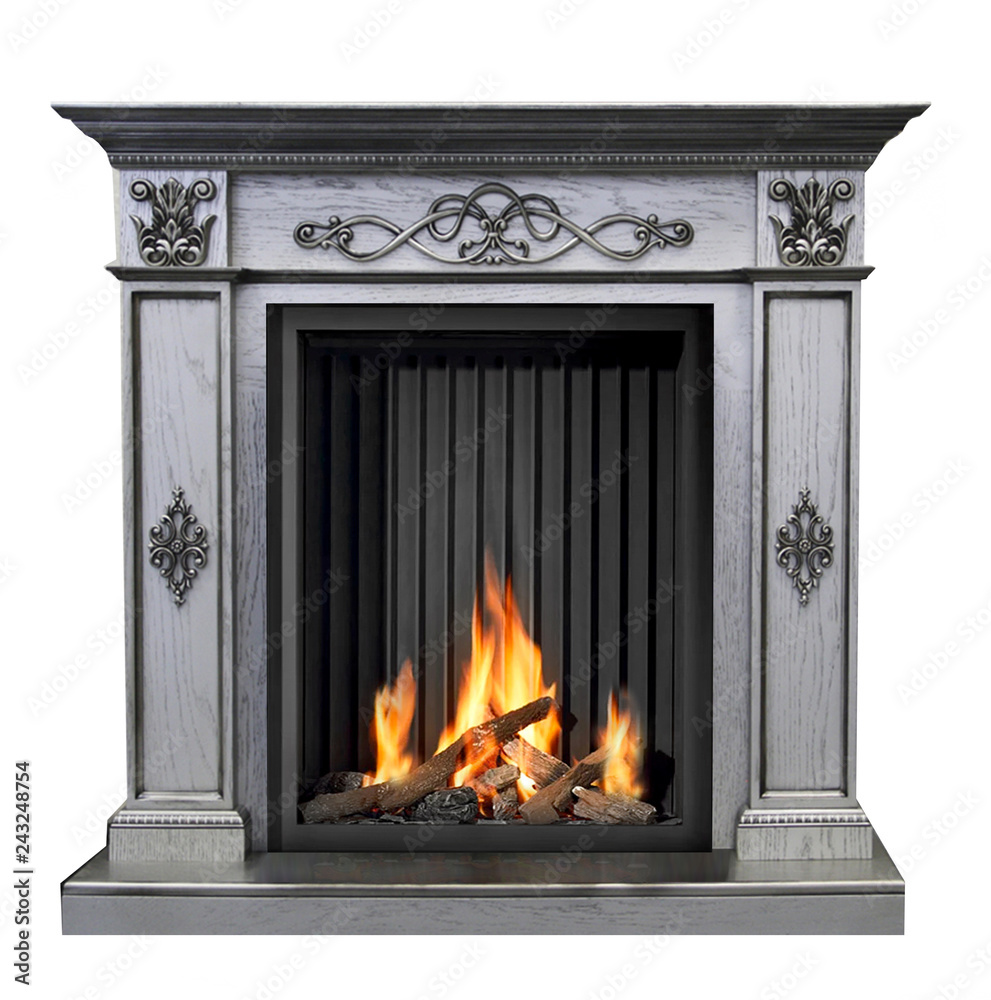 Naklejka premium Classic burning fireplace isolated on white background