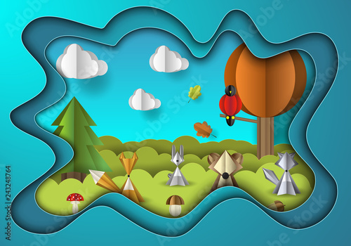 Vector illustration of paper cut with layers. Forest with wild animals, trees and mushrooms, Fluffy clouds with shadow on the sky.