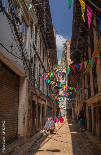 Nepal, Kathmandu -November 23, 2018: The streets of Kathmandu are decorated with prayer flags. Flags with prayers can be found throughout Nepal