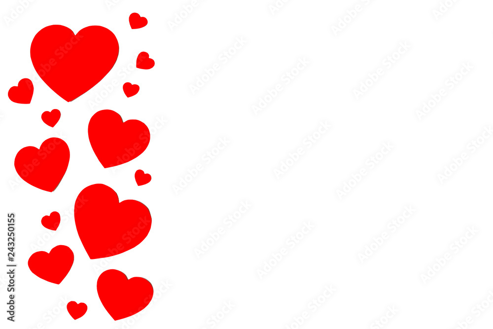 Many red paper hearts in line in form of decorative frame on white background with copy space. Symbol of love and Valentine's day.