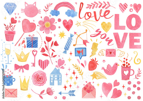 Valentines day doodle set watercolor, objects for concept and design, illustration flat. Heart, key, bow, crown, sweets, love letter on white background. Hand drawn