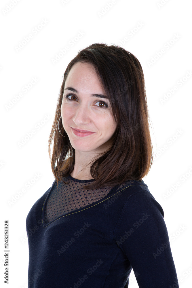 brunette friendly young woman under white background isolated