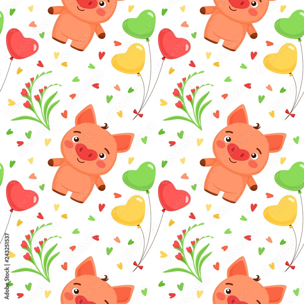 Fototapeta premium Vector seamless pattern with Valentine's Day elements and piggy. Pattern in cartoon style