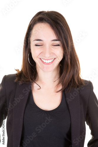 close eyes happy smiling woman in black business suit