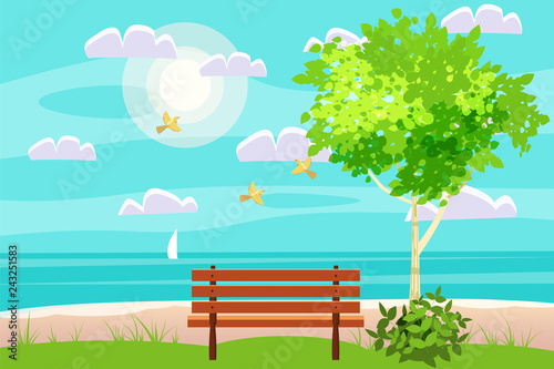 Spring landscape on seaside. ocean. Bench in outdoor. Birds singing. Blue sky. Bright juicy colors. Vector, illustration, isolated. Cartoon style