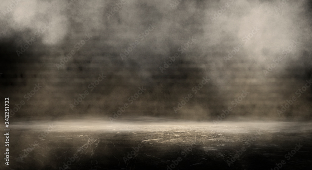 Background of an empty dark-black room. Empty brick walls, lights, smoke, glow, rays 