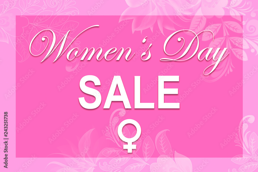 Pink illustration card with text Women's Day SALE