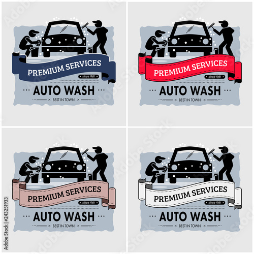 Car wash logo design. Vector artwork of workers washing and polishing a car.
