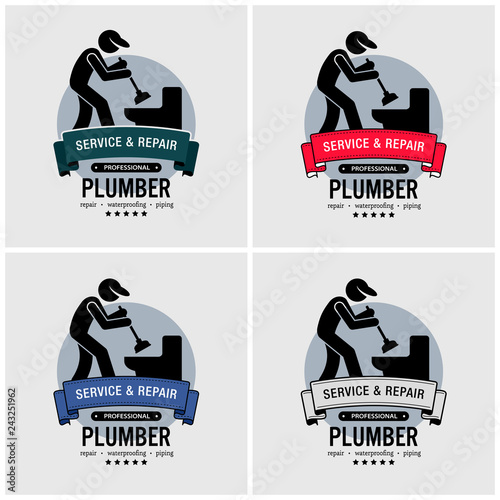 Plumber logo design. Vector artwork of plumbing repair and services. Man unclogging toilet bowl with a plunger pump.