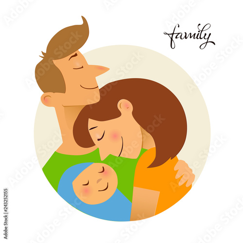 Illustration of couple with baby. 