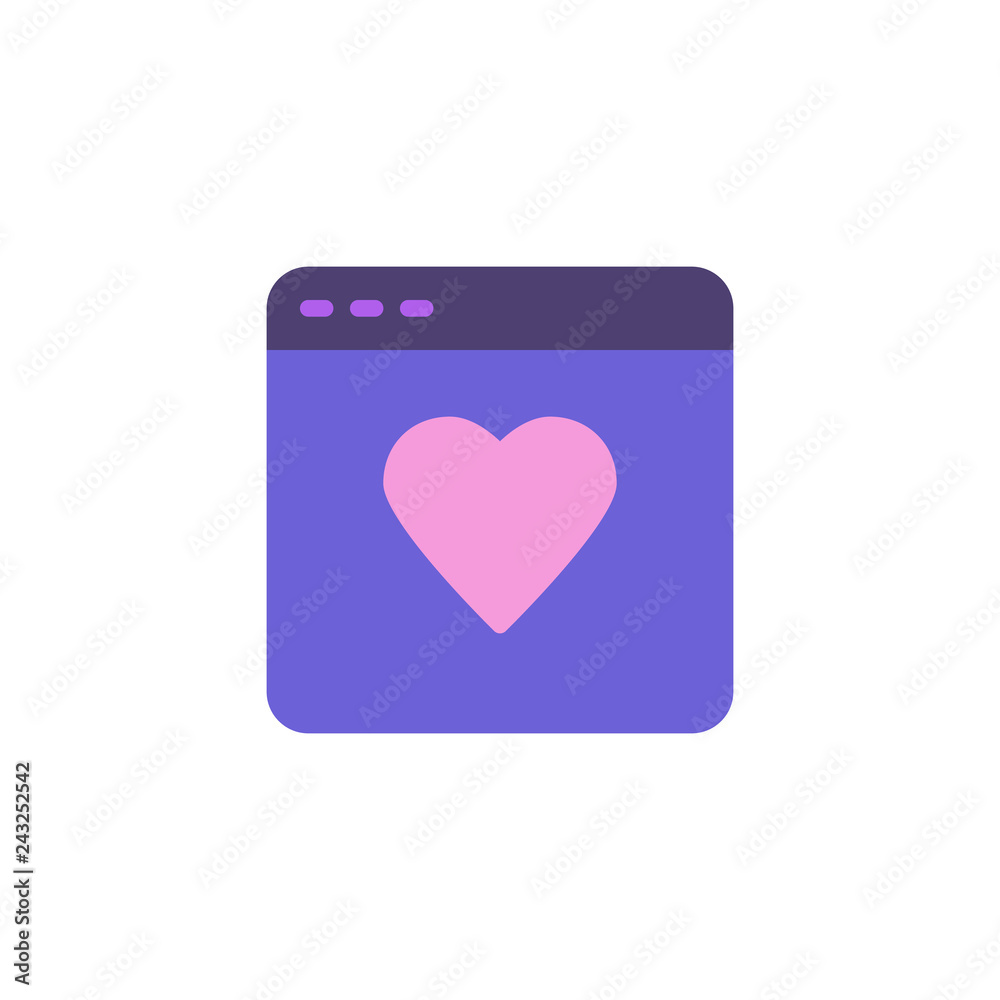 Web page with heart flat icon, vector sign, colorful pictogram isolated on white. Valentine day website symbol, logo illustration. Flat style design Web page with heart flat icon, vector sign, colorful pictogram isolated on white. Valentine day website symbol, logo illustration. Flat style design