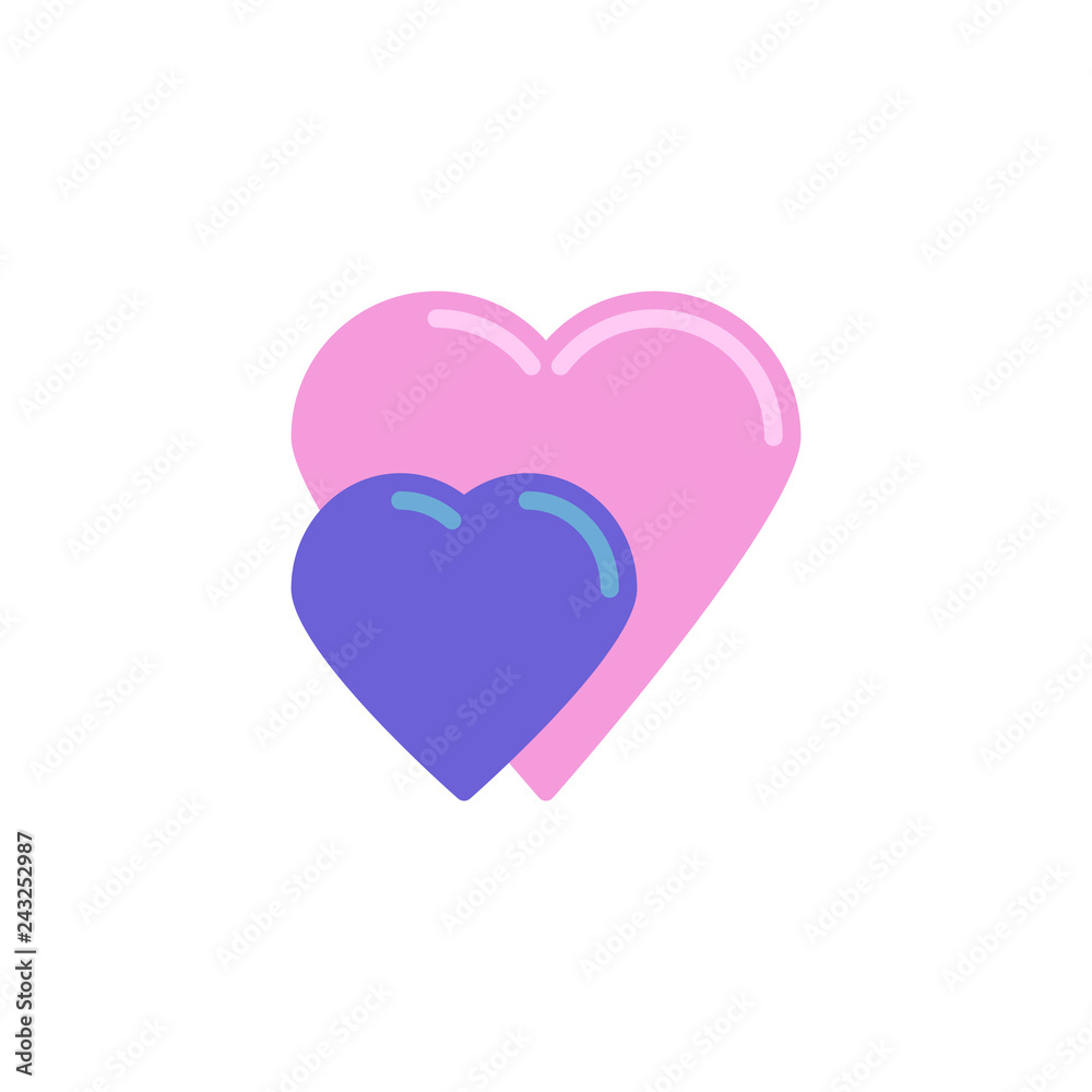 Two hearts flat icon, vector sign, colorful pictogram isolated on white. Love and Valentine's Day symbol, logo illustration. Flat style design