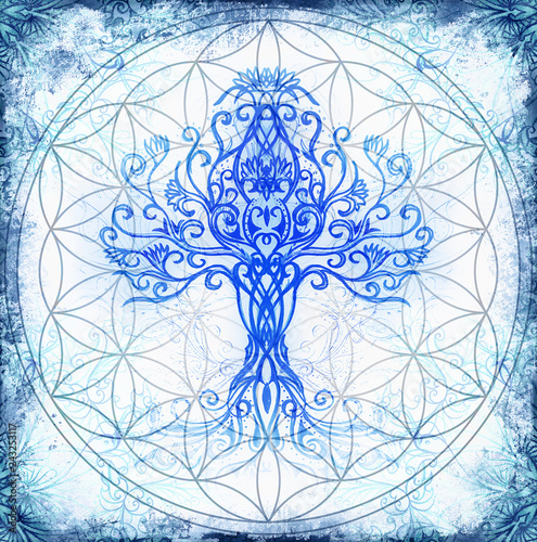 tree of life symbol on structured ornamental background, flower of life pattern, yggdrasil. photo