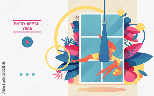 Vector concept banner with young girl doing aerial yoga in hammock or ribbon silk drawn with vivid gradients. Illustration good for sport lifestyle and wellness studio landing page or poster.