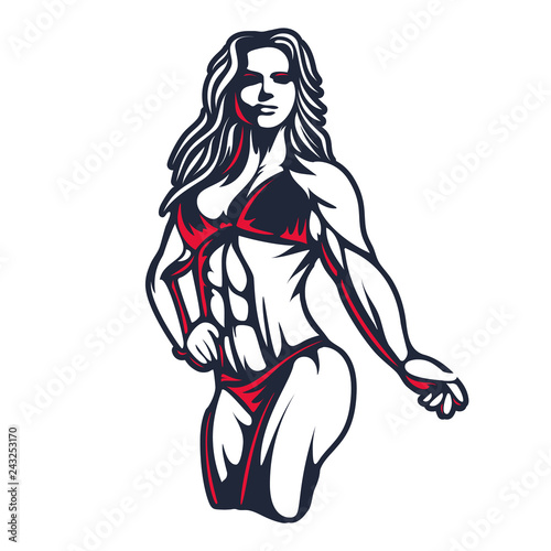 Fitness bikini woman or girl figure silhouette in old engraving vector art illustration or retro vintage emblem stamp isolated on white background Great for sport club logo sign or tshirt design