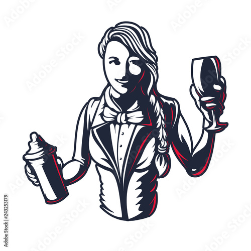 Happy woman bartender or barman young girl at work silhouette with shaker in old engraved style retro vintage graphic design logo template stamp isolated on white background Vector illustration emblem